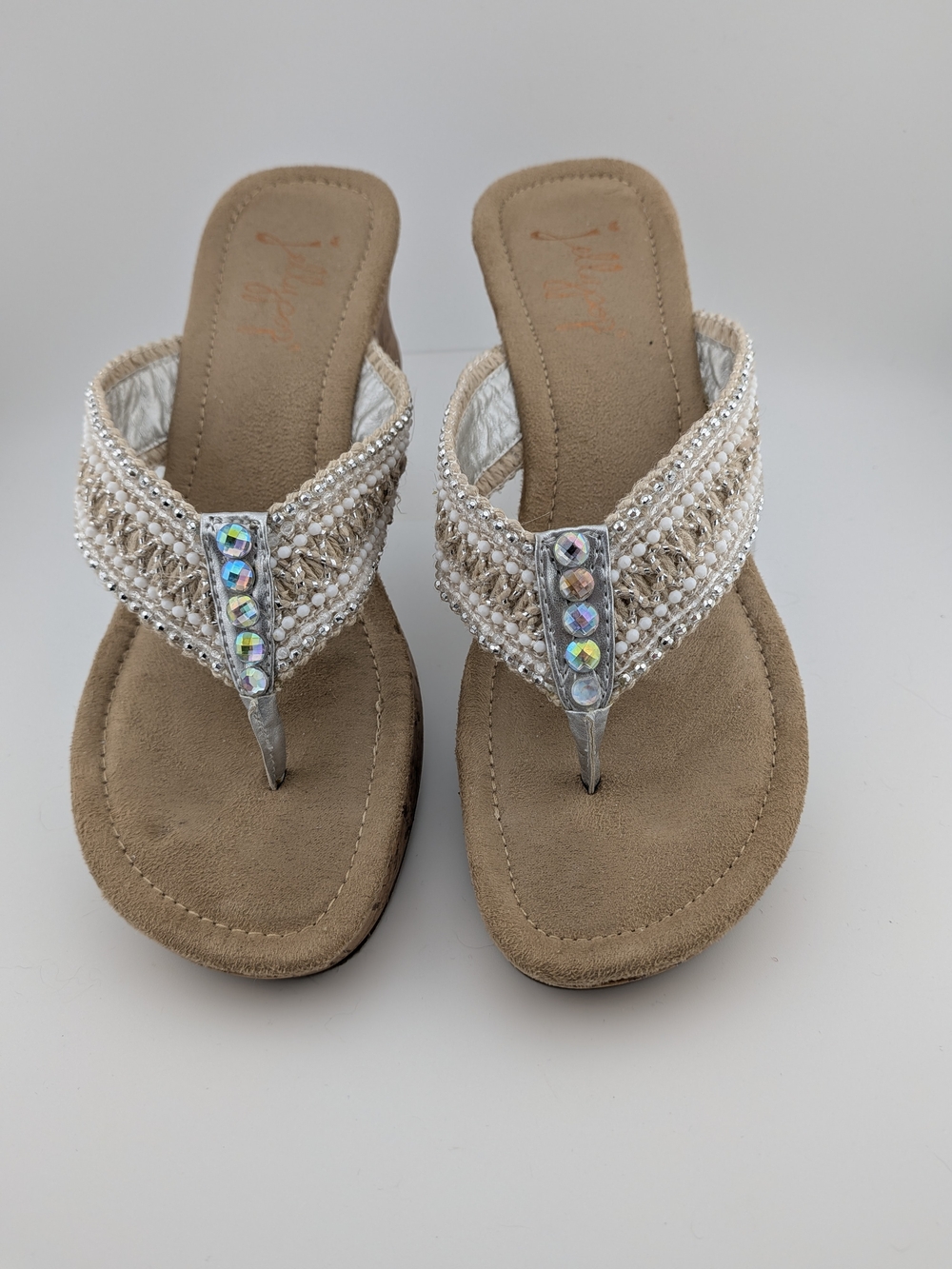 Jellypop Beaded Tan Wedge Sandals